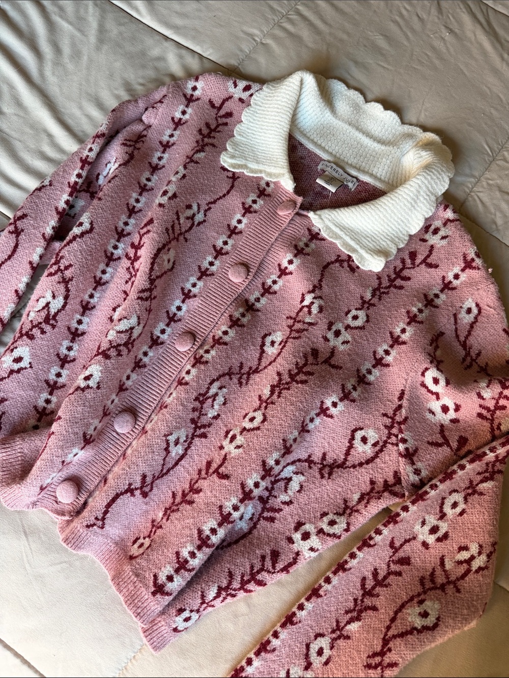 Sincerely Jules Pink Floral Knit Cardigan with White Scalloped Collar